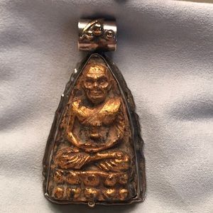 Carved Stone Buddha in silver and gold pendant ✨